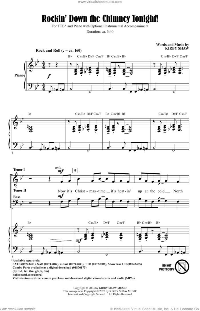 Rockin' Down The Chimney Tonight! sheet music for choir (TTBBB) by Kirby Shaw, intermediate skill level