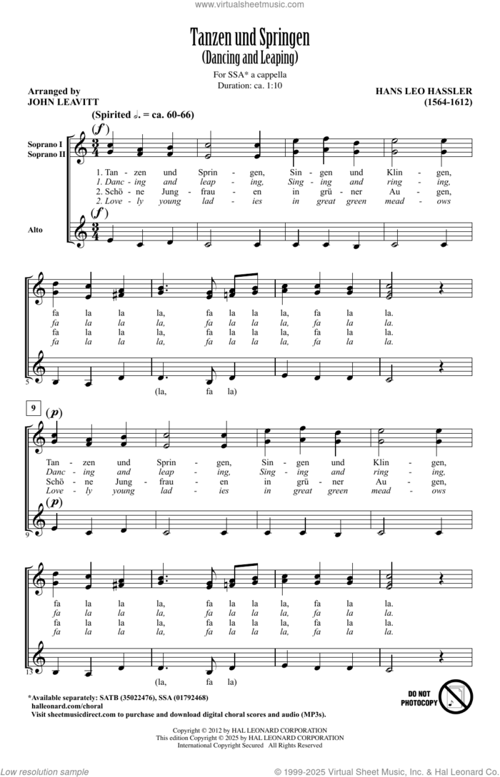 Tanzen Und Springen (Dancing And Leaping) (arr. John Leavitt) sheet music for choir (SSA: soprano, alto) by Hans Leo Hassler and John Leavitt, intermediate skill level