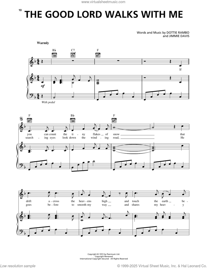 The Good Lord Walks With Me sheet music for voice, piano or guitar by Jimmie Davis and Dottie Rambo, intermediate skill level