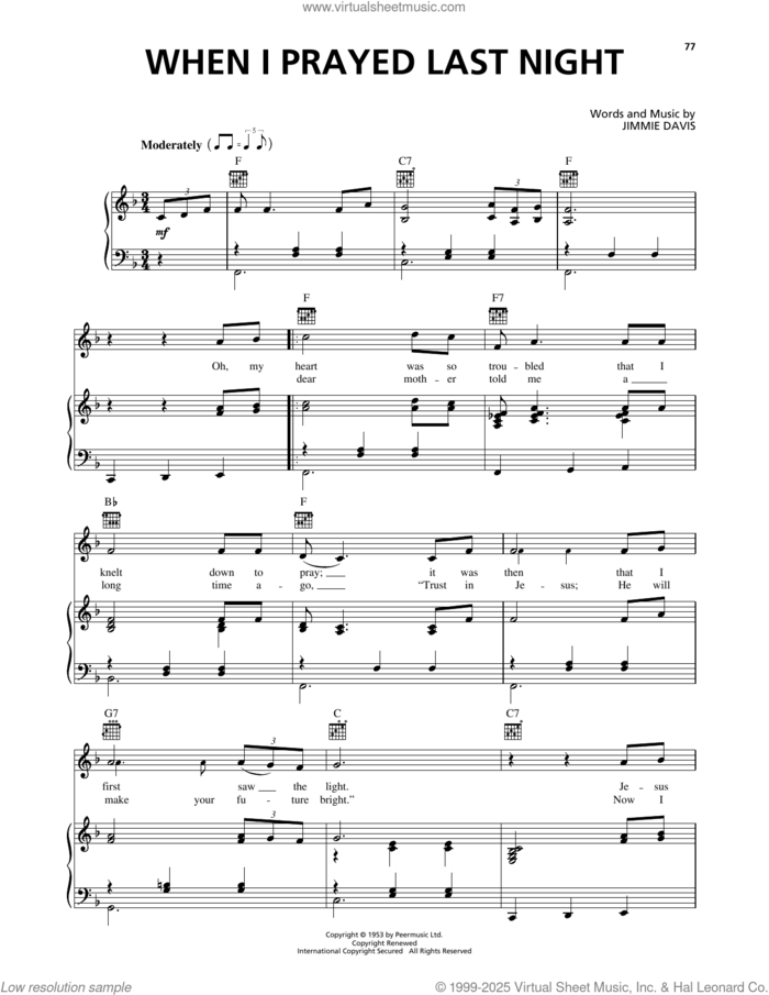 When I Prayed Last Night sheet music for voice, piano or guitar by Jimmie Davis, intermediate skill level