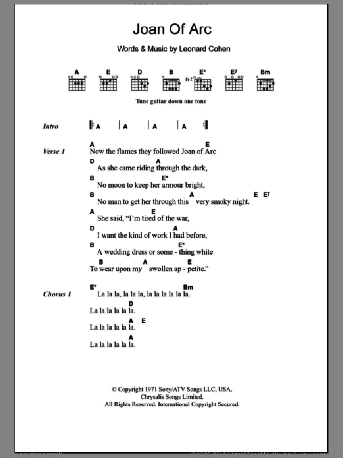 Joan Of Arc sheet music for guitar (chords) by Leonard Cohen, intermediate skill level