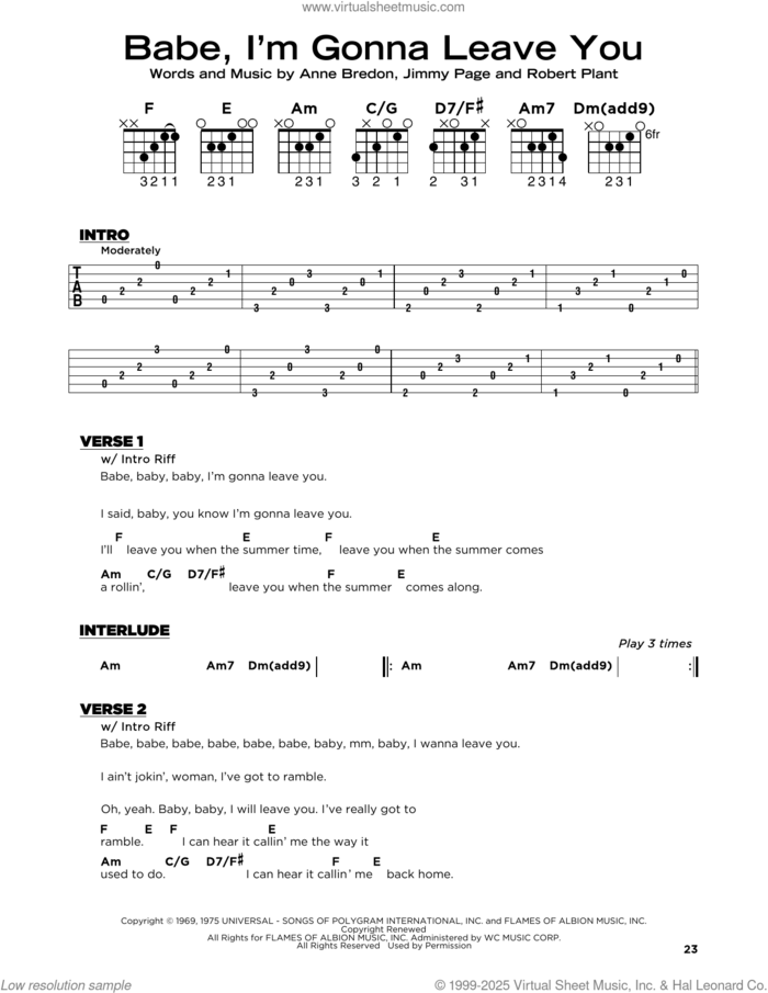 Babe, I'm Gonna Leave You sheet music for guitar solo by Led Zeppelin, Anne Bredon, Jimmy Page and Robert Plant, beginner skill level