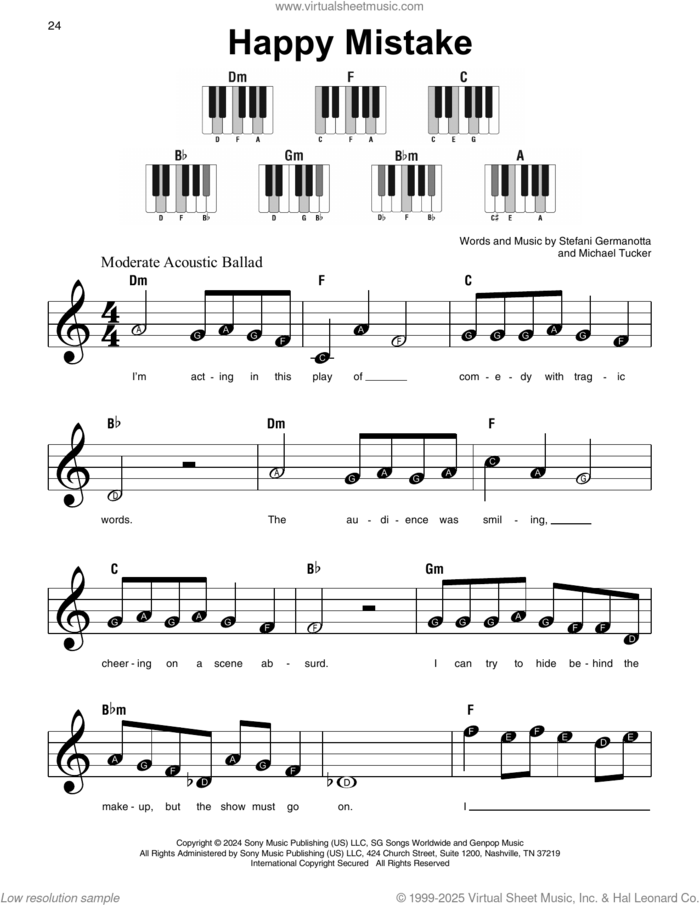 Happy Mistake sheet music for piano solo by Lady Gaga and Michael Tucker, beginner skill level