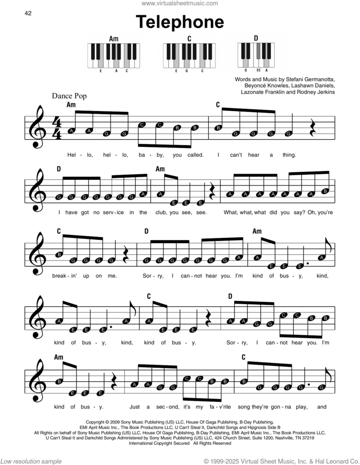 Telephone (feat. Beyonce) sheet music for piano solo by Lady Gaga, Beyonce, LaShawn Daniels, Lazonate Franklin and Rodney Jerkins, beginner skill level