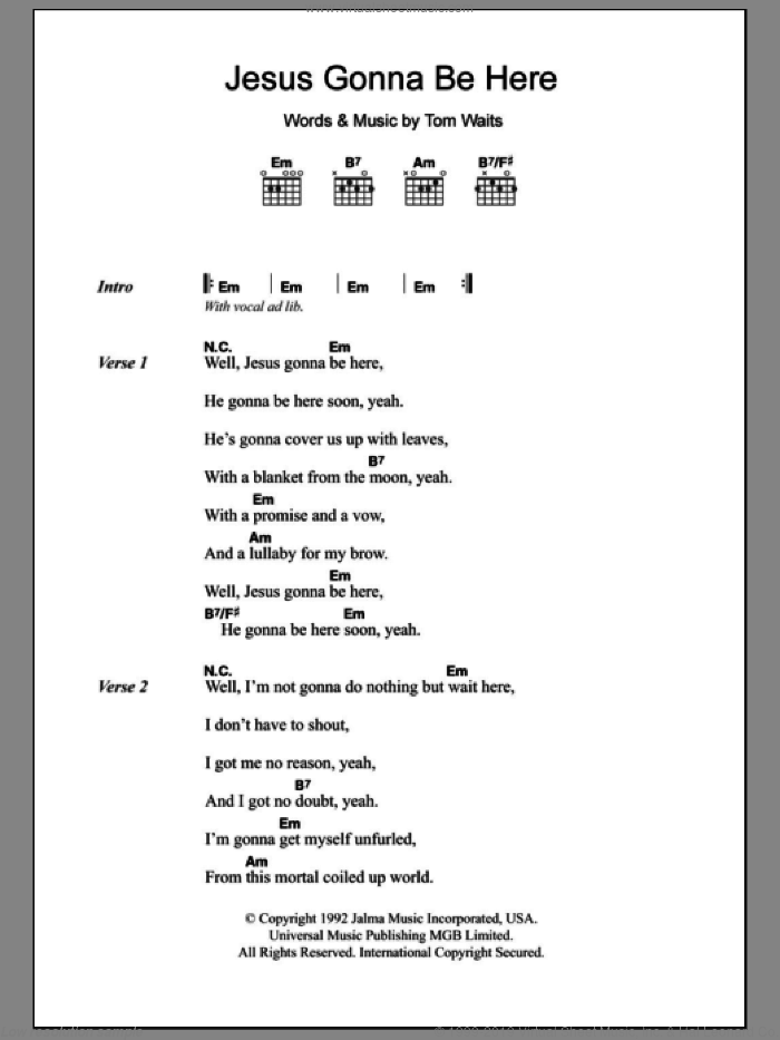 Jesus Gonna Be Here sheet music for guitar (chords) by Tom Waits, intermediate skill level