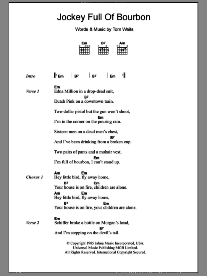 Jockey Full Of Bourbon sheet music for guitar (chords) by Tom Waits, intermediate skill level
