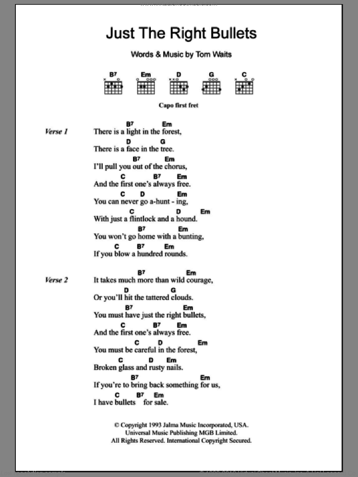 Just The Right Bullets sheet music for guitar (chords) by Tom Waits, intermediate skill level
