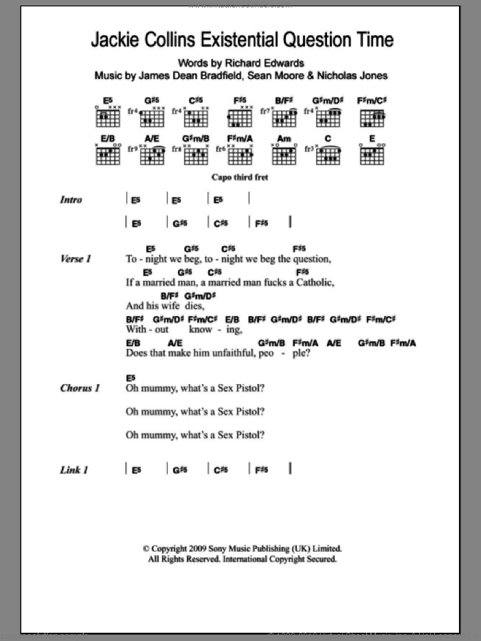Jackie Collins Existential Question Time sheet music for guitar (chords) by The Manic Street Preachers, Manic Street Preachers, James Dean Bradfield, Nicholas Jones, Richard Edwards and Sean Moore, intermediate skill level