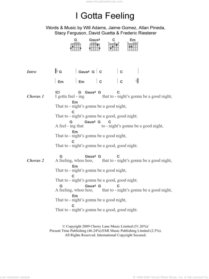 I Gotta Feeling sheet music for guitar (chords) by Black Eyed Peas, Allan Pineda, David Guetta, Frederic Riesterer, Jaime Gomez, Stacy Ferguson and Will Adams, intermediate skill level