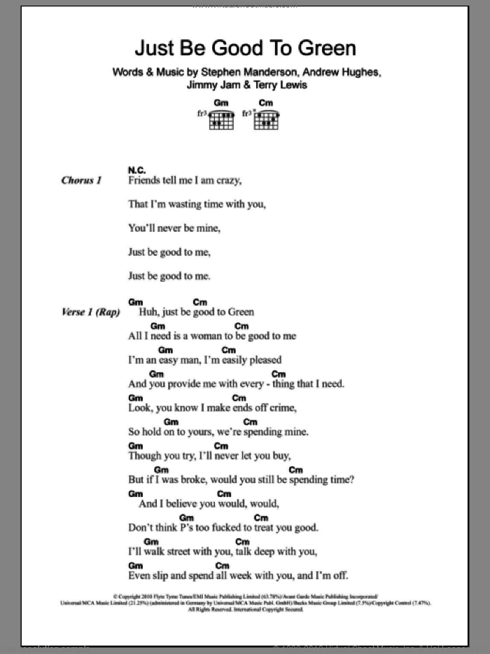 Just Be Good To Green sheet music for guitar (chords) by Professor Green featuring Lily Allen, Andrew Hughes, Jimmy Jam, Stephen Manderson and Terry Lewis, intermediate skill level