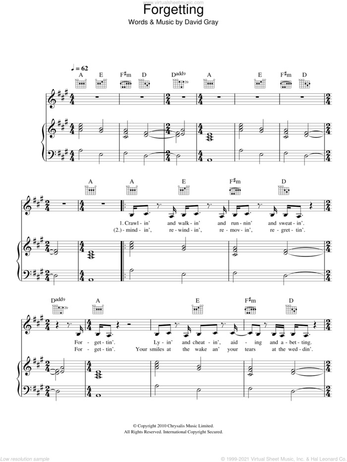 Forgetting sheet music for voice, piano or guitar by David Gray, intermediate skill level