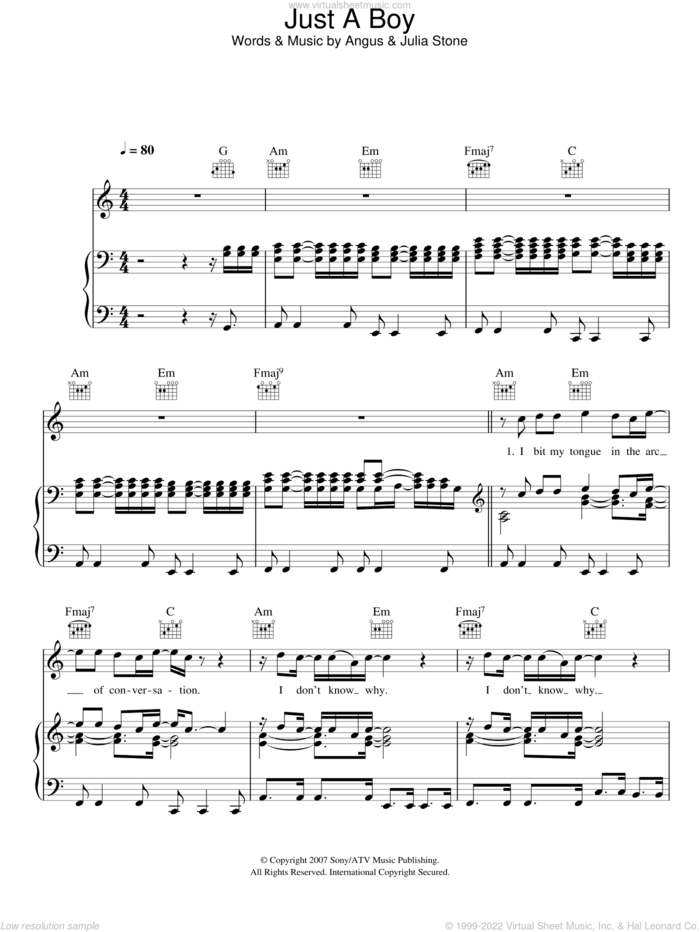 Just A Boy sheet music for voice, piano or guitar by Julia Stone and Angus Stone, intermediate skill level