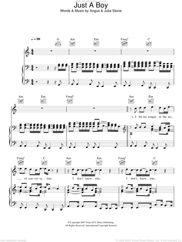 Just A Boy sheet music for voice, piano or guitar by Julia Stone and Angus Stone, intermediate skill level