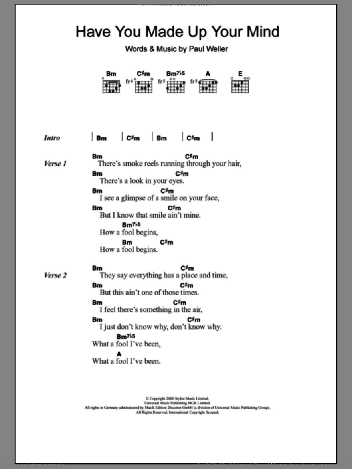 Have You Made Up Your Mind sheet music for guitar (chords) by Paul Weller, intermediate skill level