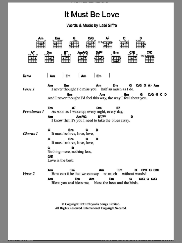 It Must Be Love sheet music for guitar (chords) by Madness and Labi Siffre, intermediate skill level
