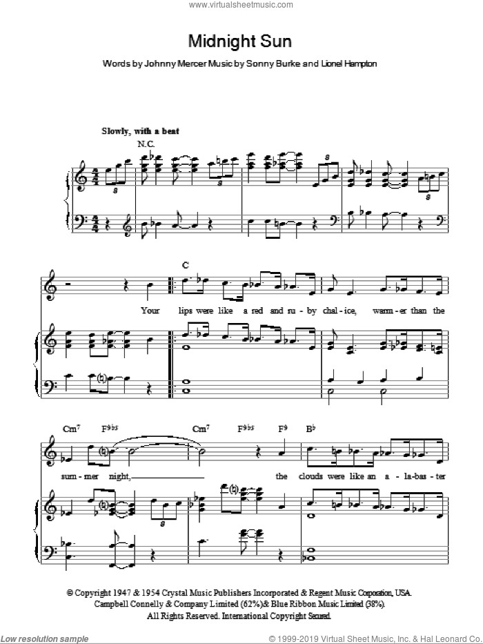 Midnight Sun sheet music for voice, piano or guitar by Lionel Hampton, Johnny Mercer and Sonny Burke, intermediate skill level