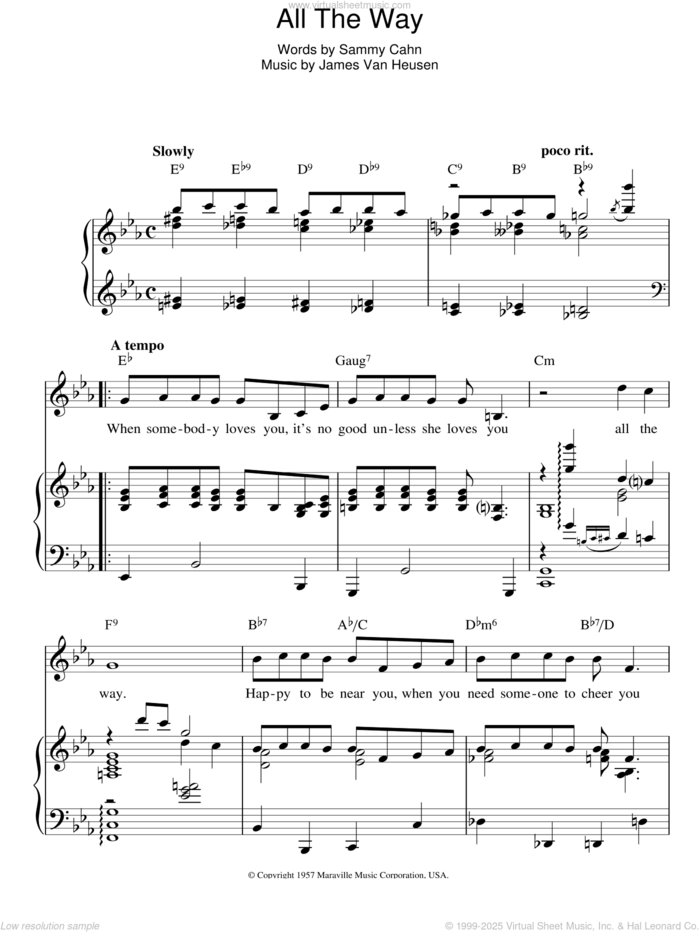 All The Way sheet music for voice, piano or guitar by Frank Sinatra, Jimmy van Heusen and Sammy Cahn, intermediate skill level