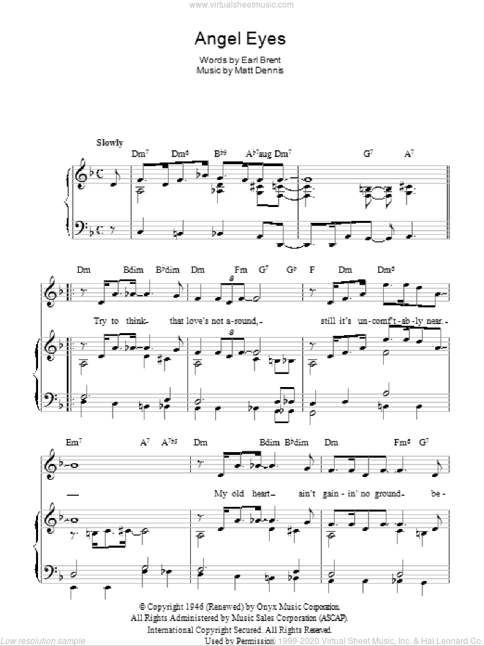 Angel Eyes sheet music for voice, piano or guitar by Frank Sinatra, Earl Brent and Matt Dennis, intermediate skill level