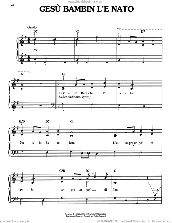 Gesu Bambin L'e Nato sheet music for piano solo, easy skill level