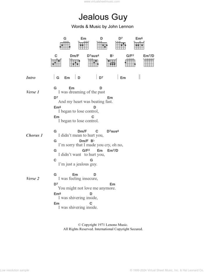 Jealous Guy sheet music for guitar (chords) by John Lennon, intermediate skill level