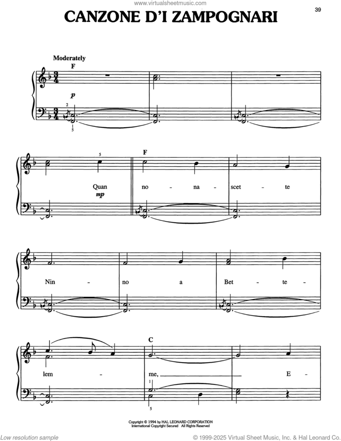 Canzone d'i Zampognari sheet music for piano solo, easy skill level