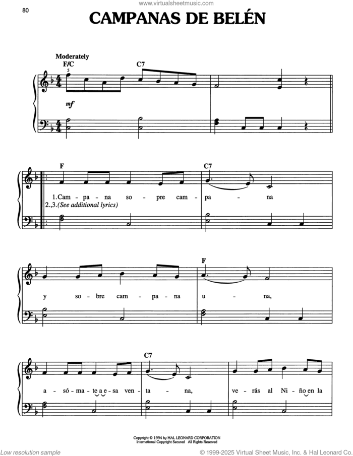Campanas De Belen sheet music for piano solo, easy skill level