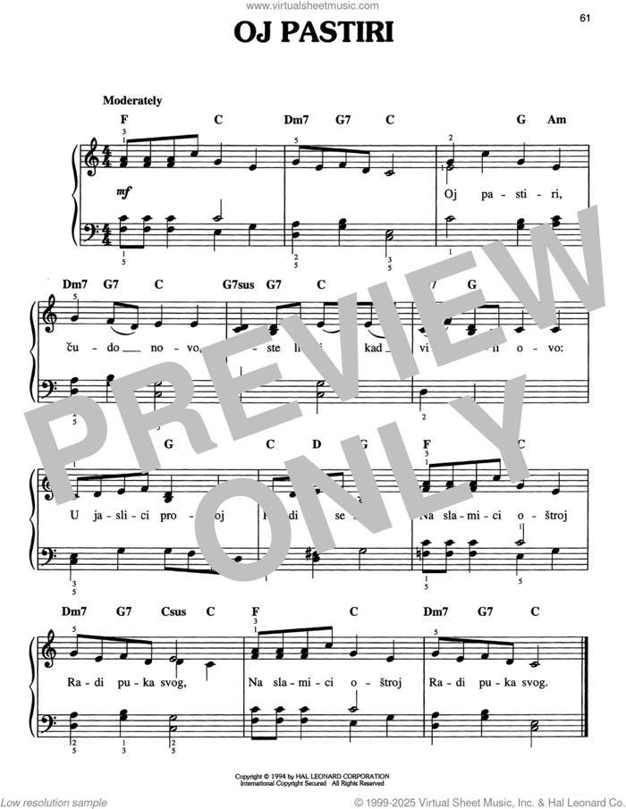 Oj Pastiri sheet music for piano solo, easy skill level