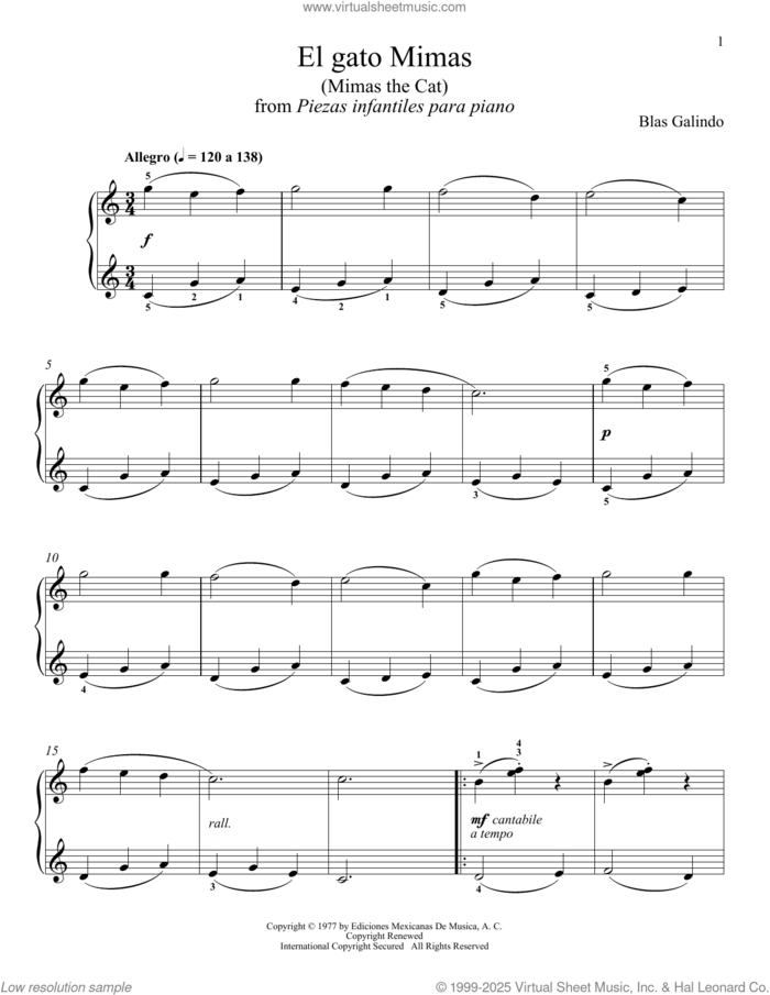 El Gato Mimas sheet music for piano solo by Blas Galindo and Desiree Gonzalez-Miller, classical score, intermediate skill level