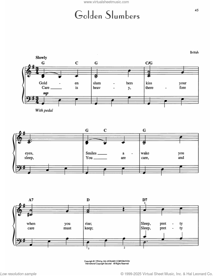 Golden Slumbers sheet music for piano solo, classical score, easy skill level