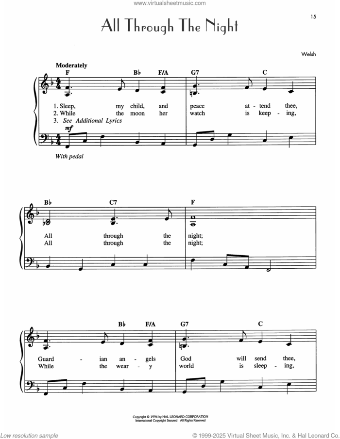 All Through The Night sheet music for piano solo, easy skill level