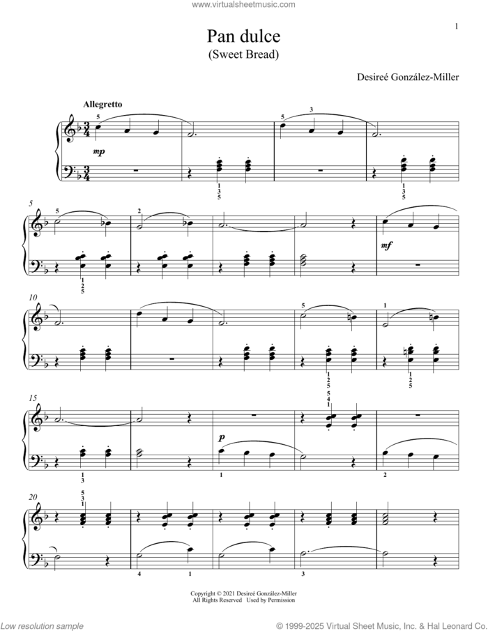 Pan Dulce sheet music for piano solo by Desireé González-Miller, classical score, intermediate skill level