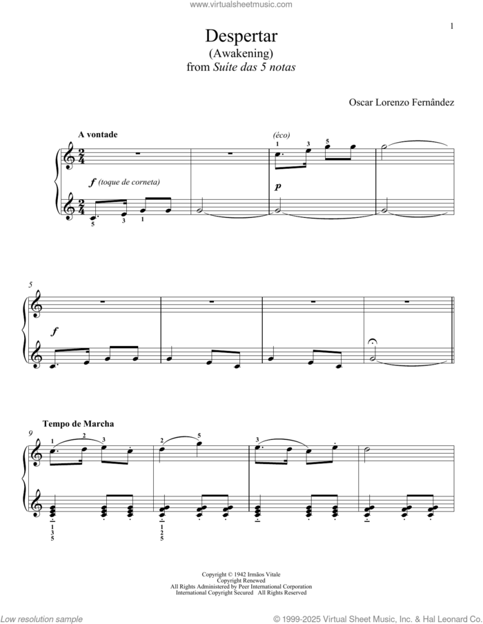 Despertar sheet music for piano solo by OSCAR LORENZO FERNANDEZ and Desiree Gonzalez-Miller, classical score, intermediate skill level