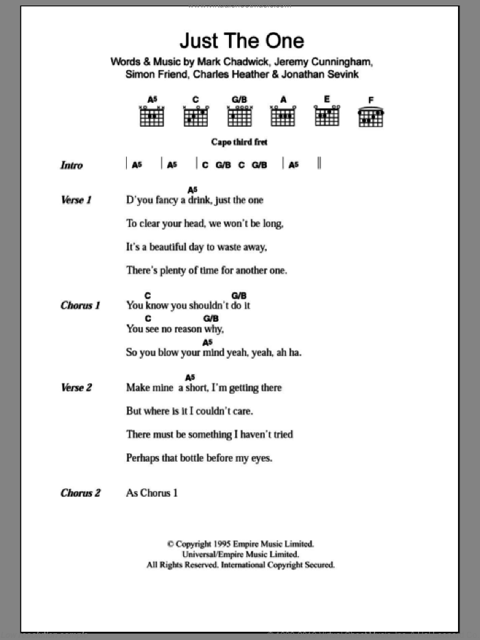 Just The One sheet music for guitar (chords) by The Levellers, Charles Heather, Jeremy Cunningham, Jonathan Sevink, Mark Chadwick and Simon Friend, intermediate skill level