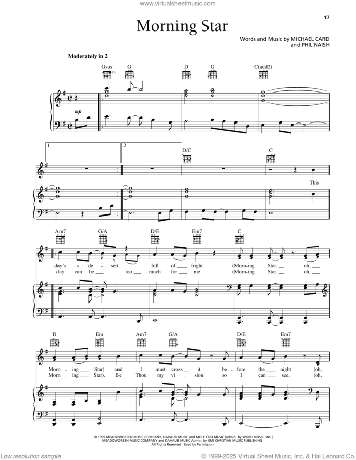 Morning Star sheet music for voice, piano or guitar by Steve Green, Michael Card and Phil Naish, intermediate skill level