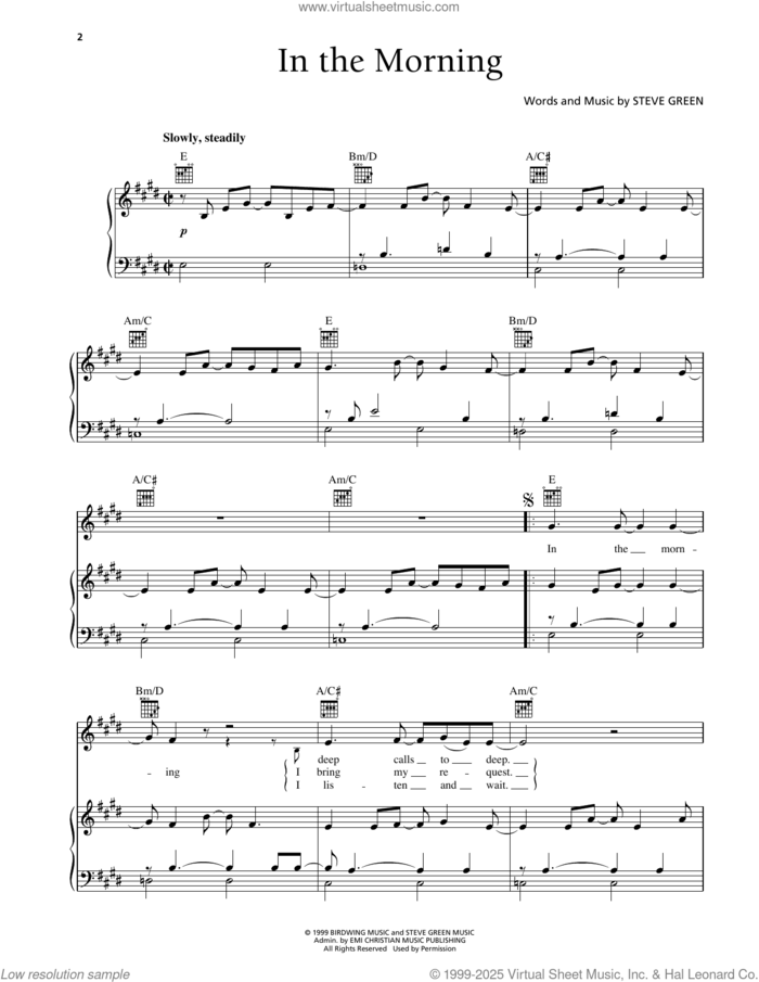 In The Morning sheet music for voice, piano or guitar by Steve Green, intermediate skill level