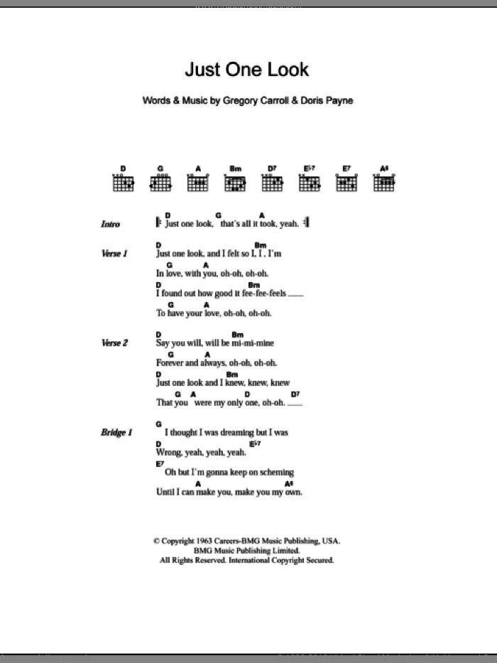 Just One Look sheet music for guitar (chords) by The Hollies, Doris Payne and Gregory Carroll, intermediate skill level