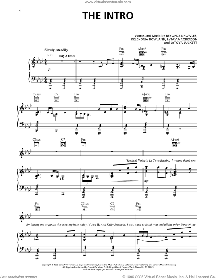 The Intro sheet music for voice, piano or guitar by Destiny's Child, Beyonce, Kelendria Rowland, LaTavia Roberson and LeToya Luckett, intermediate skill level