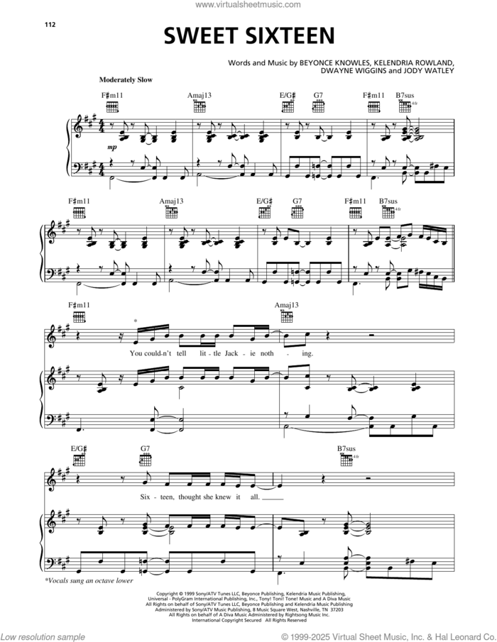 Sweet Sixteen sheet music for voice, piano or guitar by Destiny's Child, Beyonce, Dwayne Wiggins, Jody Watley and Kelendria Rowland, intermediate skill level