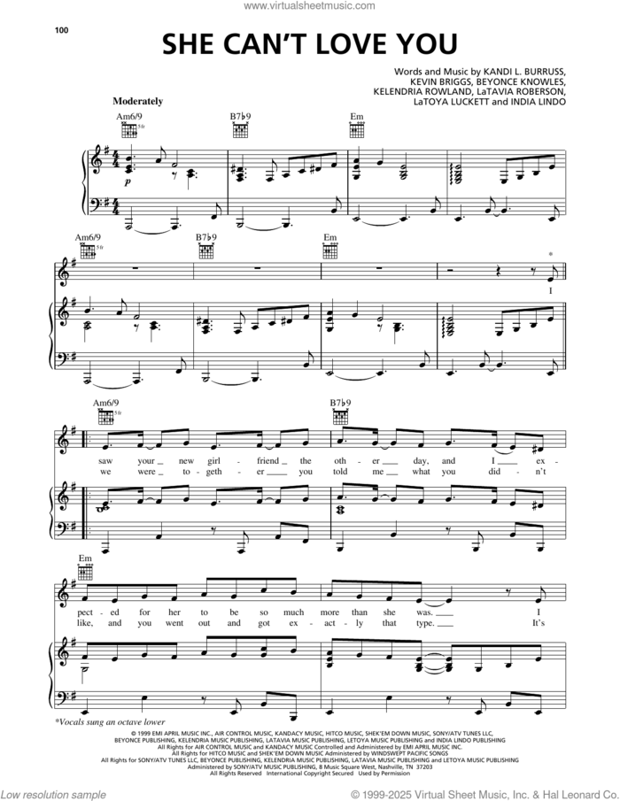 She Can't Love You sheet music for voice, piano or guitar by Destiny's Child, Beyonce, India Lindo, Kandi L. Burruss, Kelendria Rowland, Kevin Briggs, LaTavia Roberson and LeToya Luckett, intermediate skill level