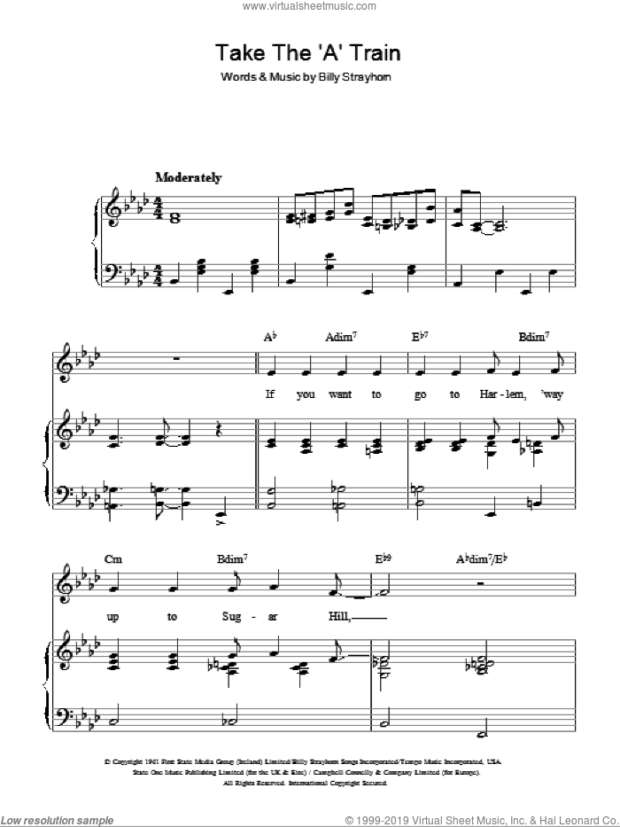 Take The 'A' Train sheet music for voice, piano or guitar by Billy Strayhorn and Duke Ellington, intermediate skill level