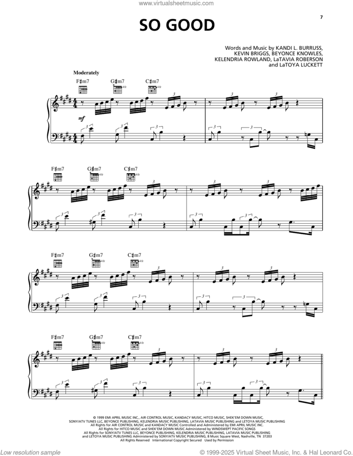 So Good sheet music for voice, piano or guitar by Destiny's Child, Beyonce, Kandi L. Burruss, Kelendria Rowland, Kevin Briggs, LaTavia Roberson and LeToya Luckett, intermediate skill level