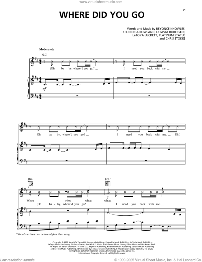 Where Did You Go sheet music for voice, piano or guitar by Destiny's Child, Beyonce, Chris Stokes, Kelendria Rowland, LaTavia Roberson, LeToya Luckett and Platinum Status, intermediate skill level