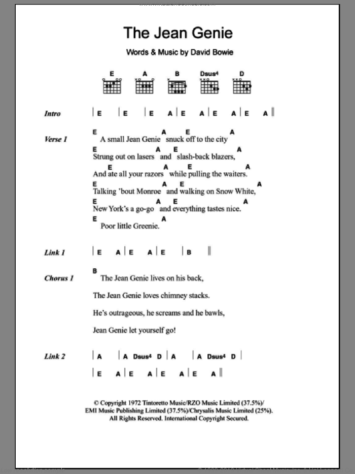 The Jean Genie sheet music for guitar (chords) by David Bowie, intermediate skill level