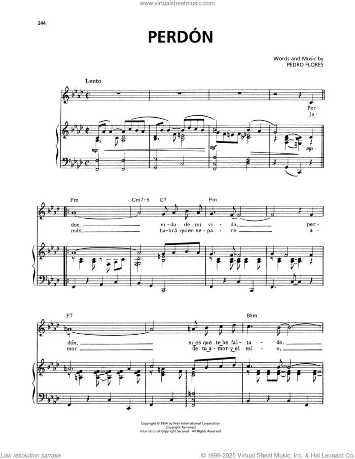 Perdon sheet music for voice, piano or guitar by Pedro Flores, intermediate skill level