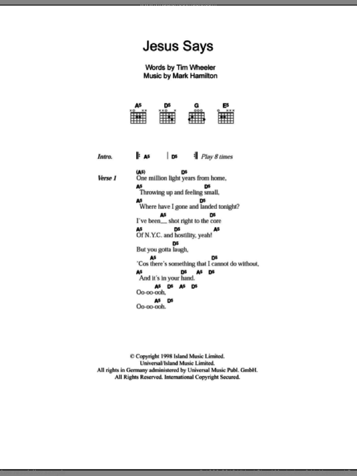 Jesus Says sheet music for guitar (chords) by Tim Wheeler and Mark Hamilton, intermediate skill level
