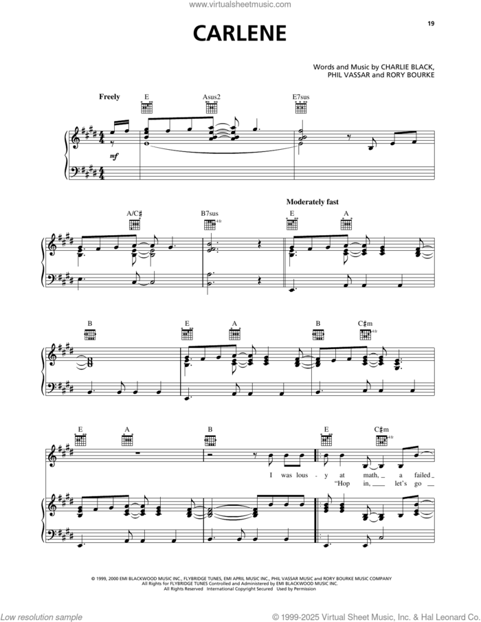 Carlene sheet music for voice, piano or guitar by Phil Vassar, Charlie Black and Rory Bourke, intermediate skill level