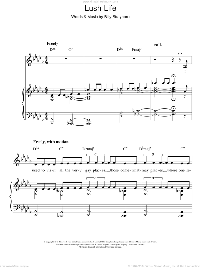 Lush Life sheet music for voice, piano or guitar by Billy Strayhorn, intermediate skill level
