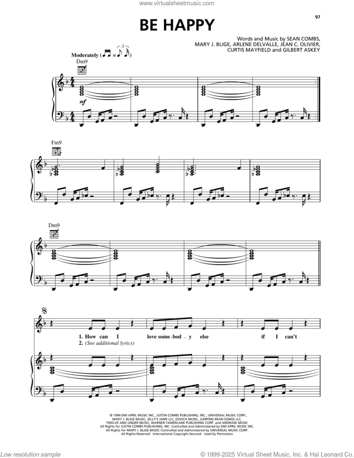 Be Happy sheet music for voice, piano or guitar by Mary J. Blige, Arlene Delvalle, Curtis Mayfield, Gilbert Askey, Jean C. Olivier and Sean Combs, intermediate skill level