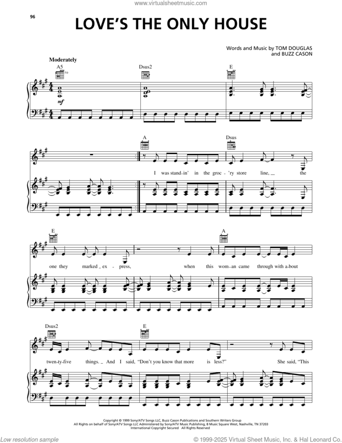 Love's The Only House sheet music for voice, piano or guitar by Martina McBride, Buzz Cason and Tom Douglas, intermediate skill level