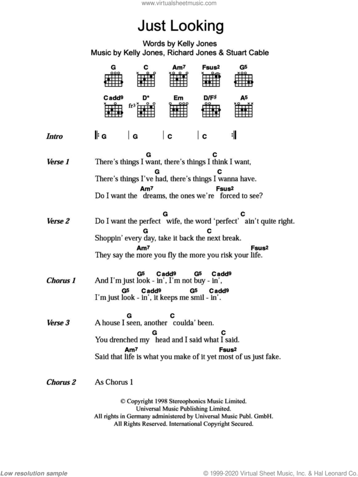 Just Looking sheet music for guitar (chords) by Stereophonics, Kelly Jones, Richard Jones and Stuart Cable, intermediate skill level